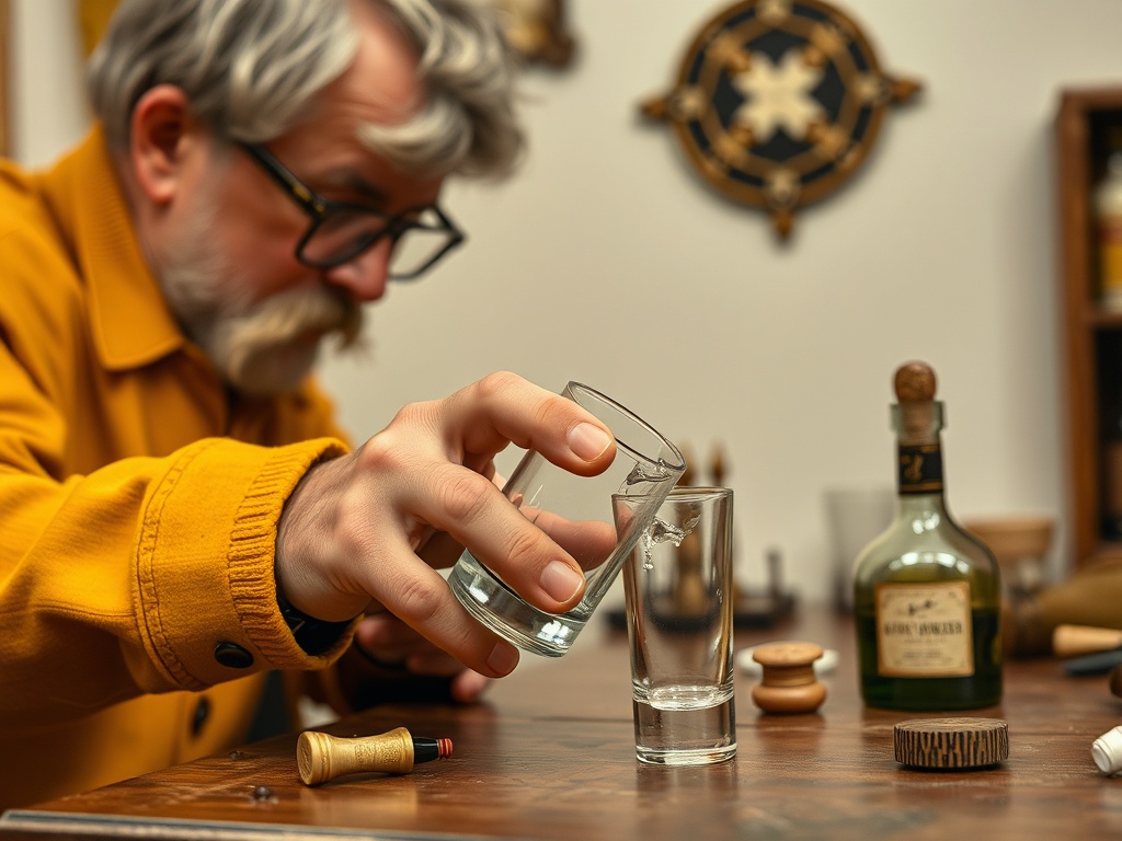 a collector carefully inspecting their shot glass for any damage