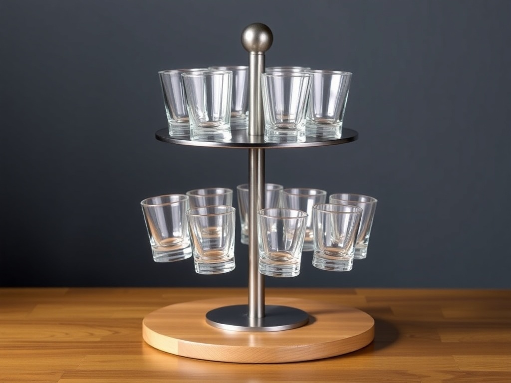 a rotating shot glass display stand with ample space for each glass