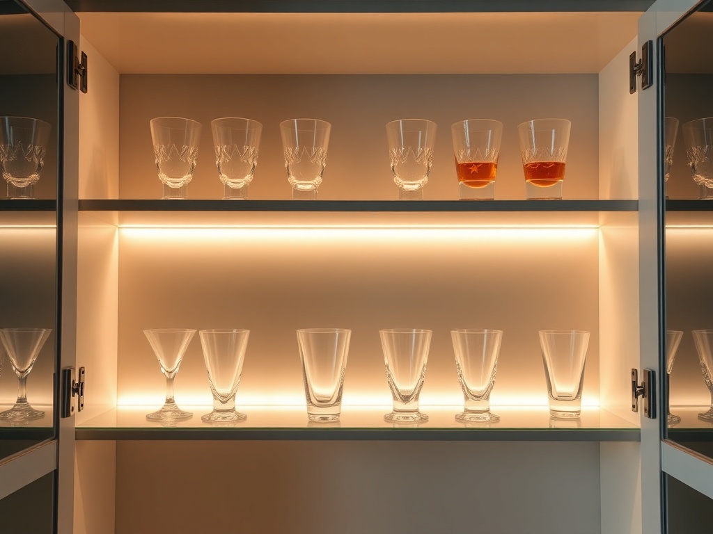 a stylish display of shot glasses on a well-lit shelf with glass doors to protect from dust