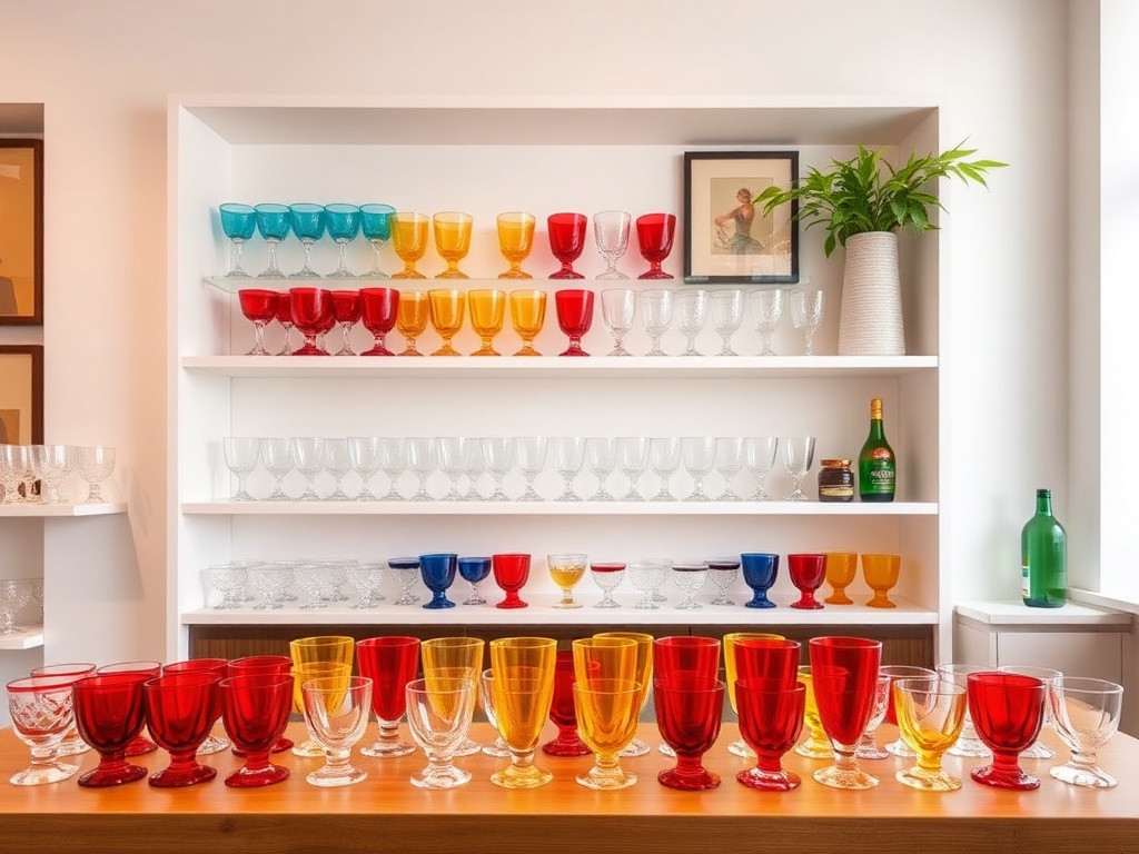 a vibrant display of shot glasses in a well-lit room with clean, simple shelves and attractive background elements