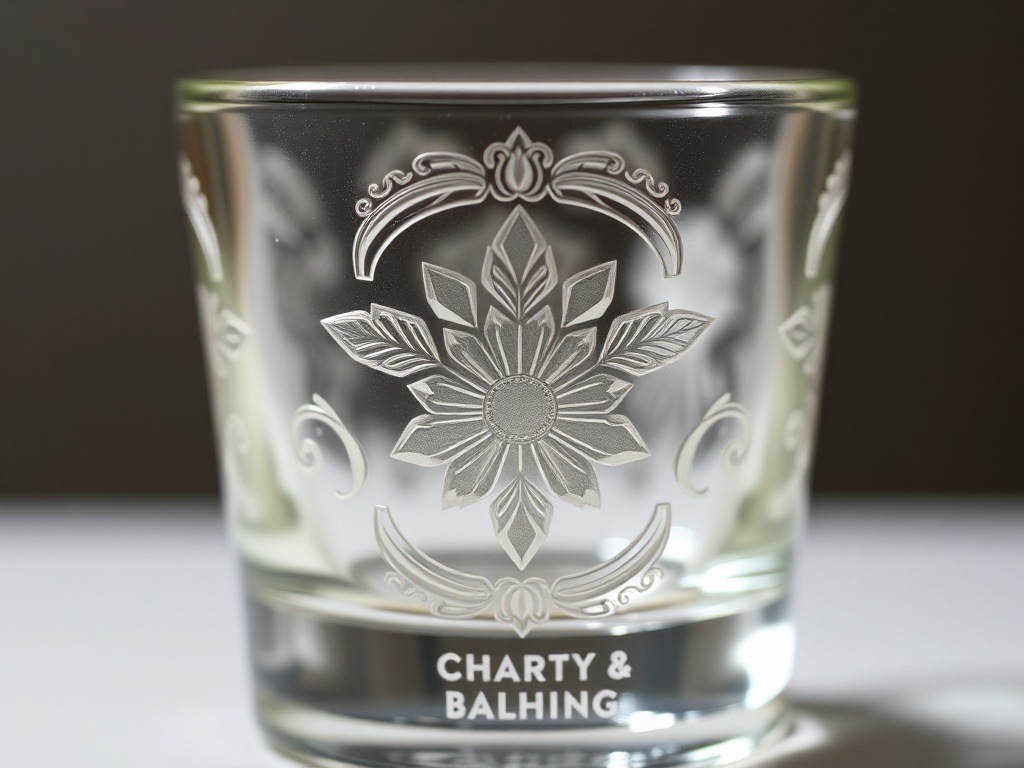 A close-up of a vintage glass shot glass with intricate design and engraving