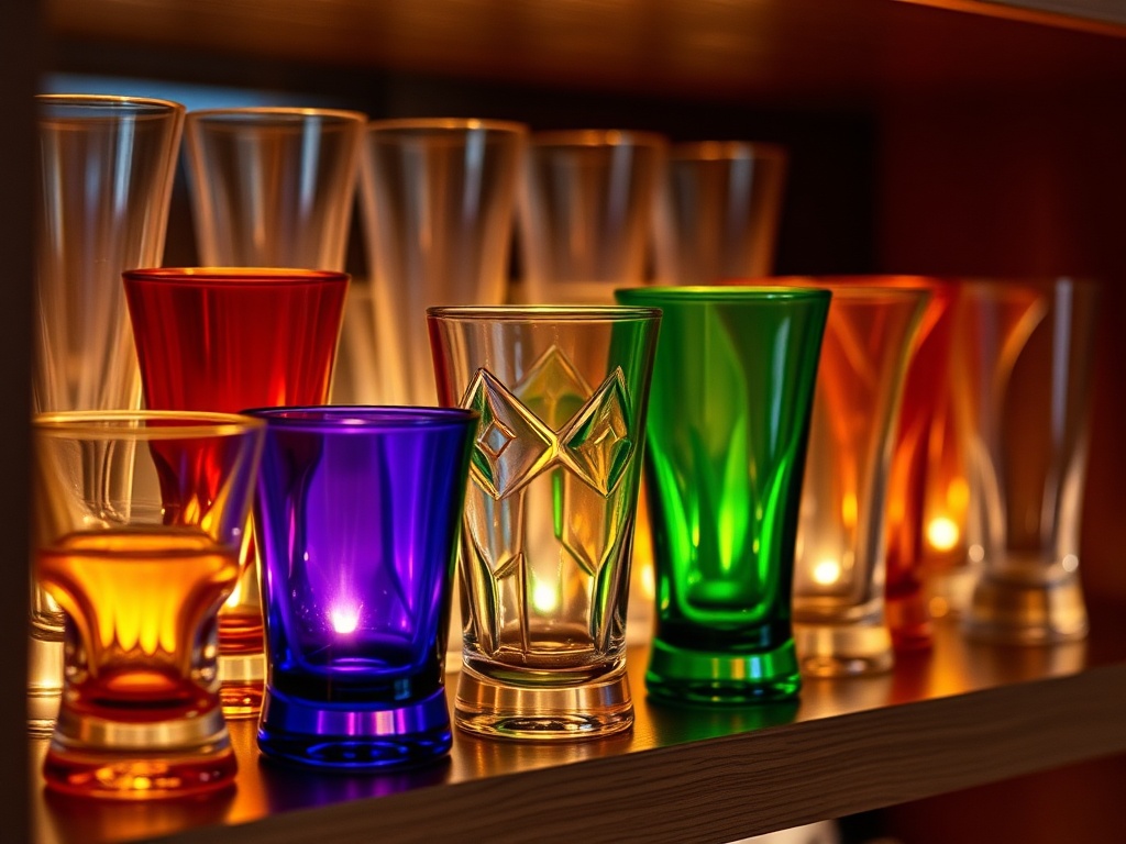 A collection of unique and colorful shot glasses displayed on a shelf with soft lighting to create a warm atmosphere