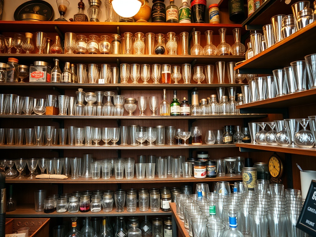 A vintage shop filled with shelves of shot glasses, displayed for sale