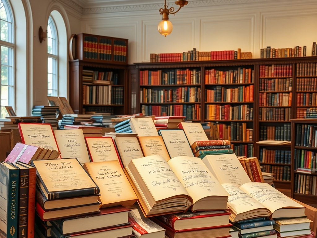 a collection of rare signed books displayed in a bright, elegant bookshop