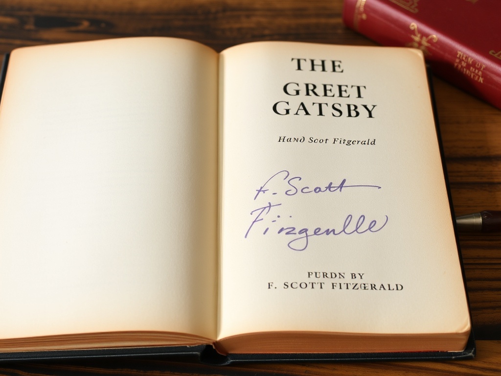 vintage copy of The Great Gatsby with a hand-signed signature by F. Scott Fitzgerald