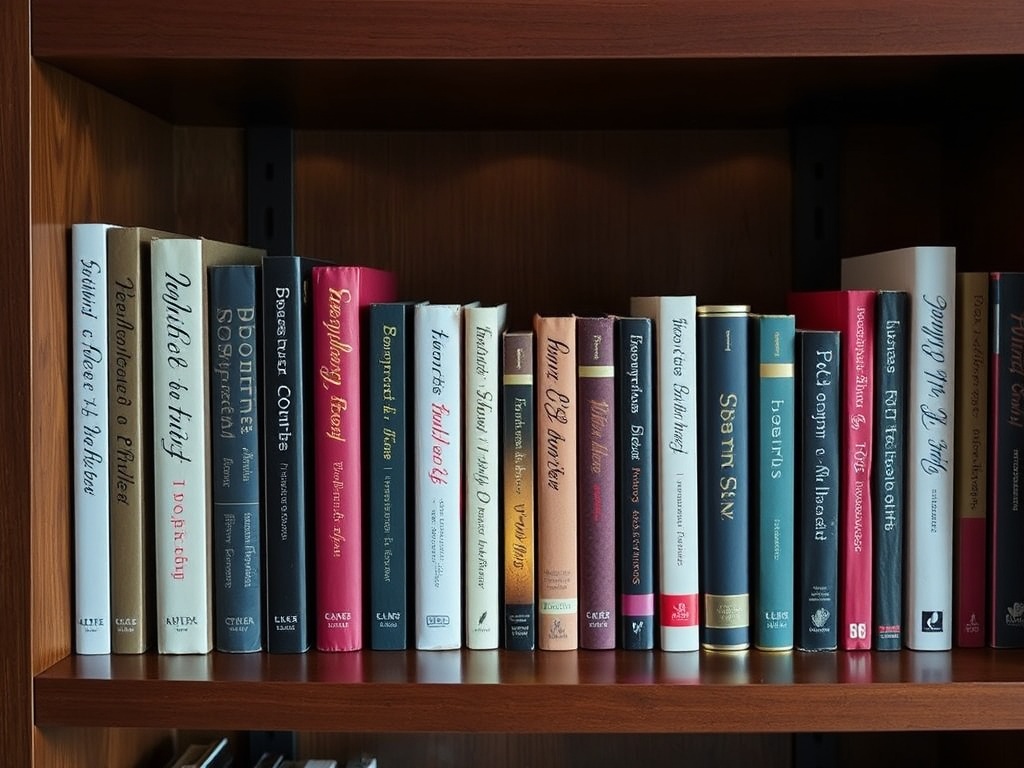A neatly organized signed book collection, displayed on a polished wooden bookshelf with ambient lighting