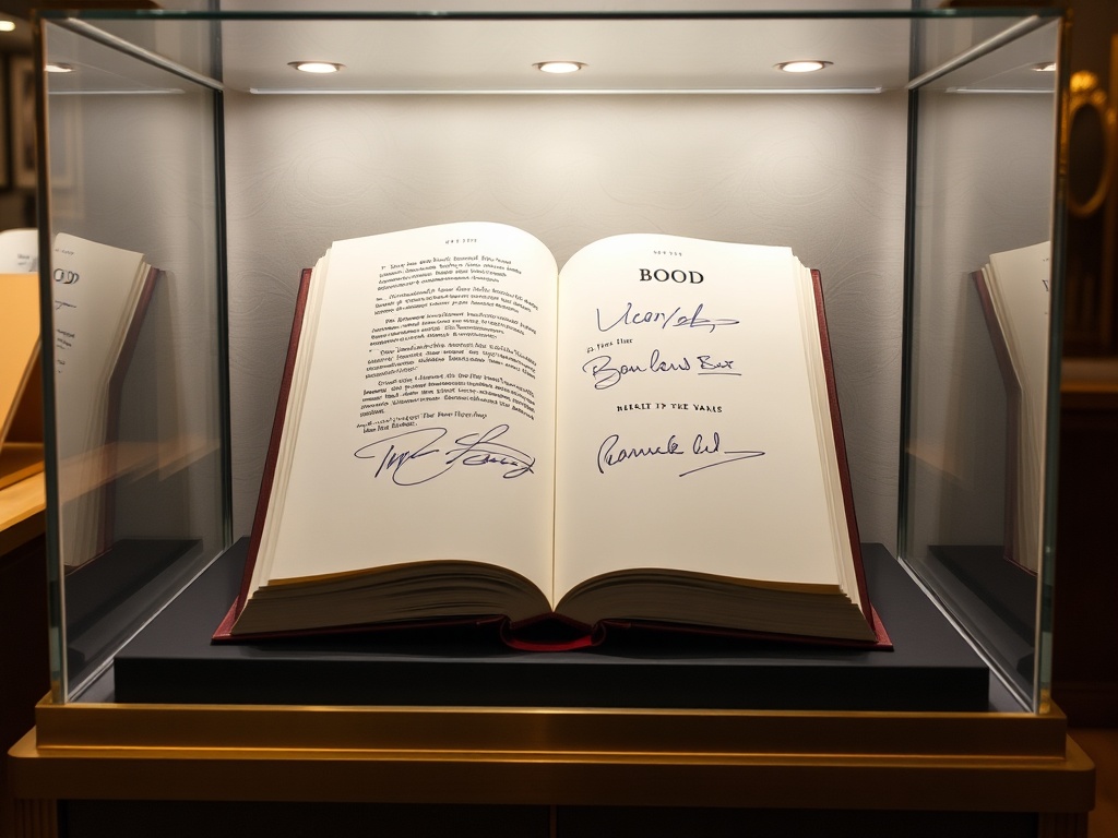 A signed book in a high-end display case, protected by UV glass and elegant lighting