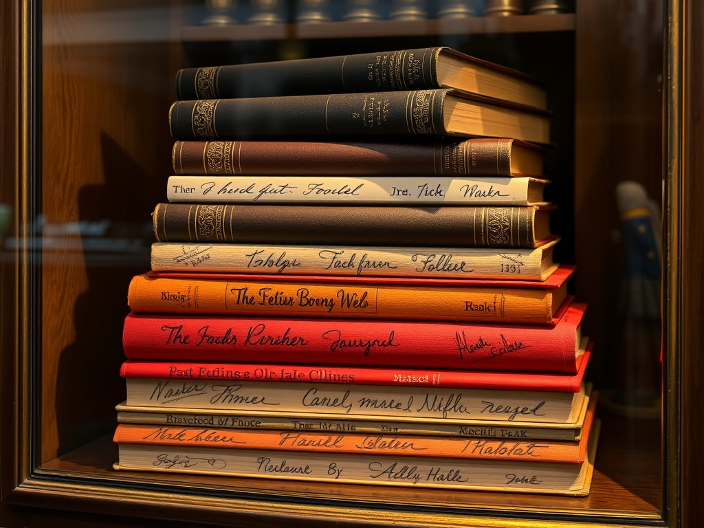 A stack of rare signed books displayed in an elegant bookcase, soft lighting highlighting the signatures