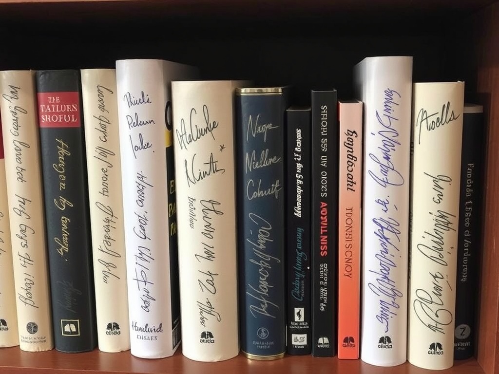 A bookshelf displaying a variety of signed books with their distinctive signatures visible on the spines.