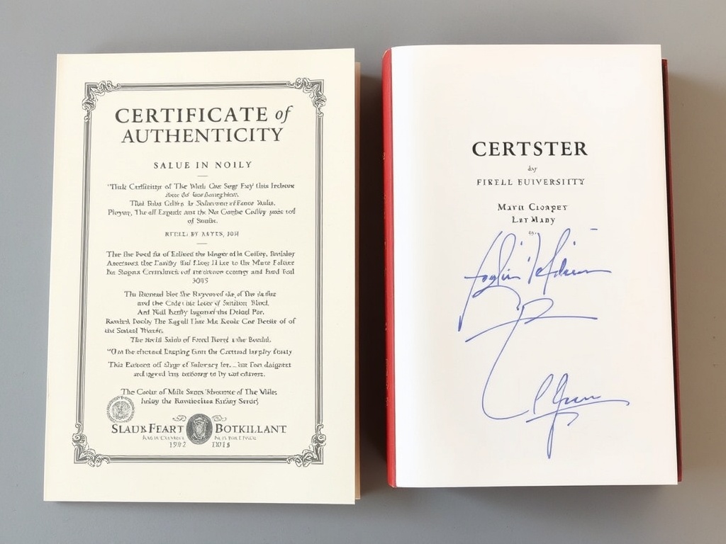 A certificate of authenticity placed next to a signed book, confirming its value.
