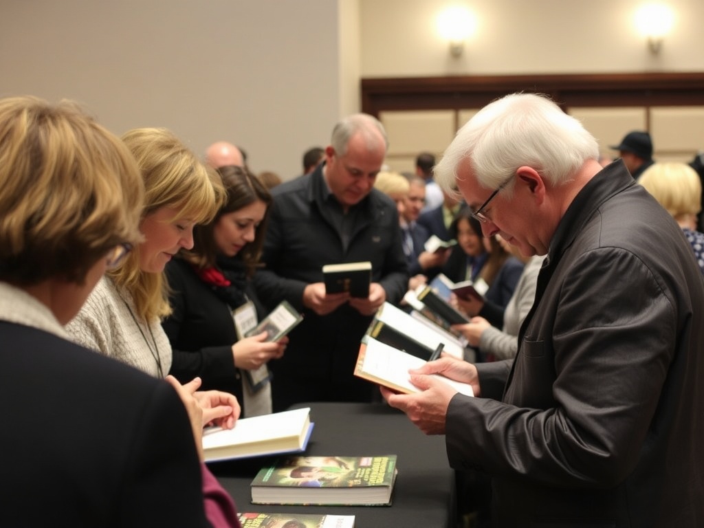 An author signing books at an event with fans lined up to get their signed copies.