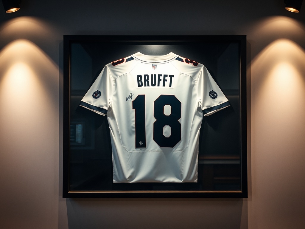 A beautifully framed signed jersey displayed on a wall with spotlights illuminating the signature.