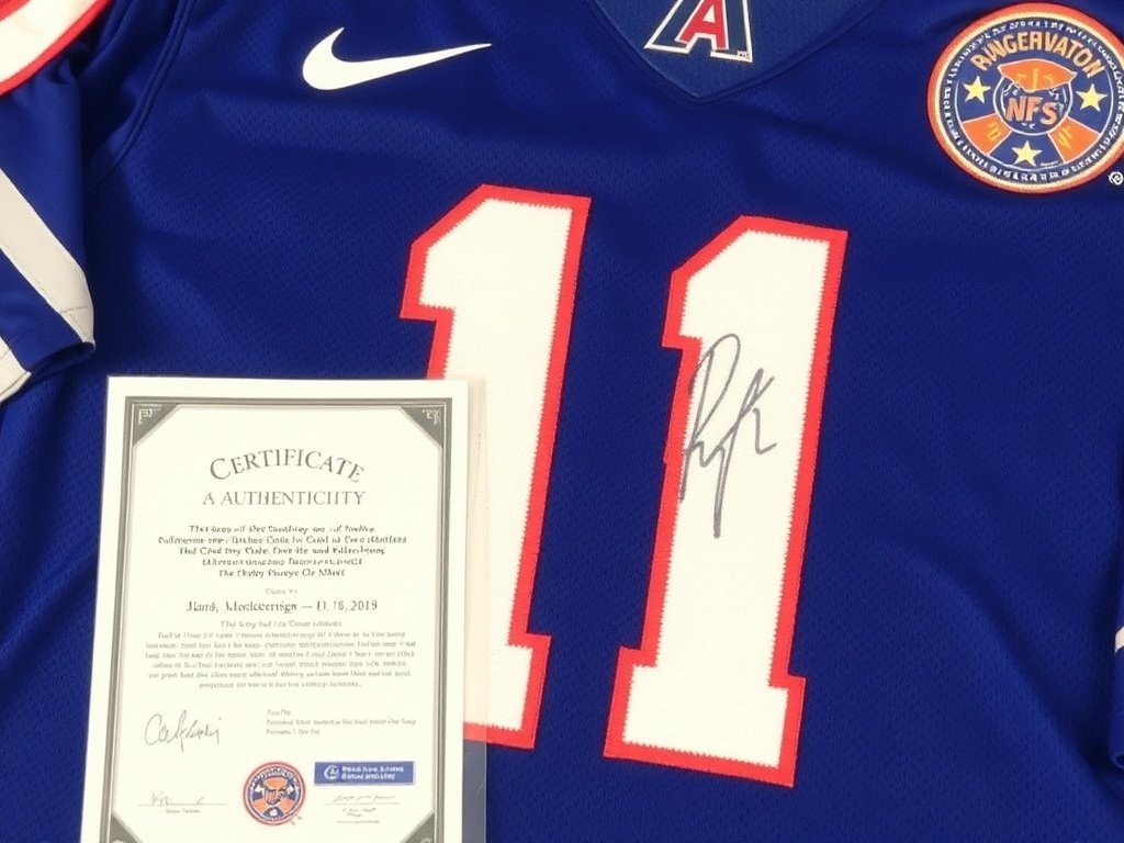 A certificate of authenticity next to a signed sports jersey with a player’s signature clearly visible on the front.