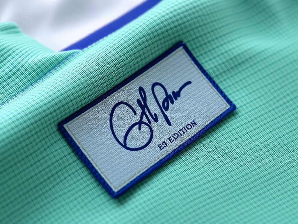 A close-up of a limited-edition signed jersey, featuring a star player's signature and numbered edition tag.