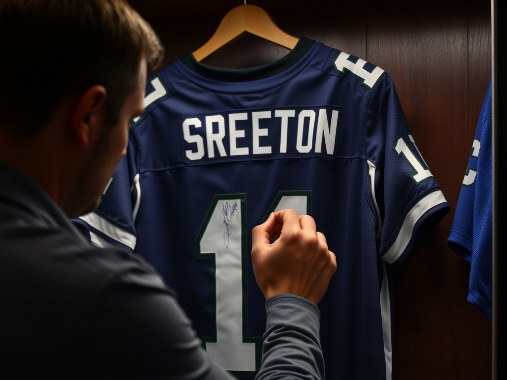 A person carefully inspecting a signed jersey displayed on a shelf, with bright lighting highlighting the autograph.
