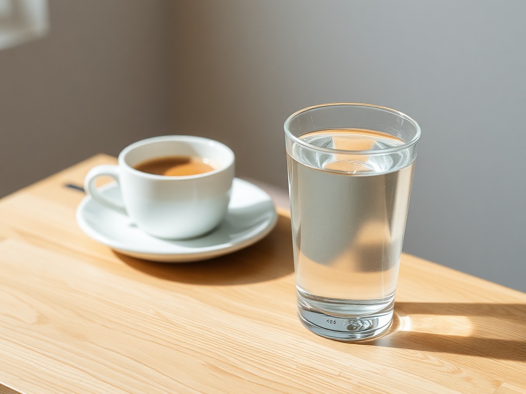 clear glass of water on wooden table beside morning coffee, minimalist aesthetic