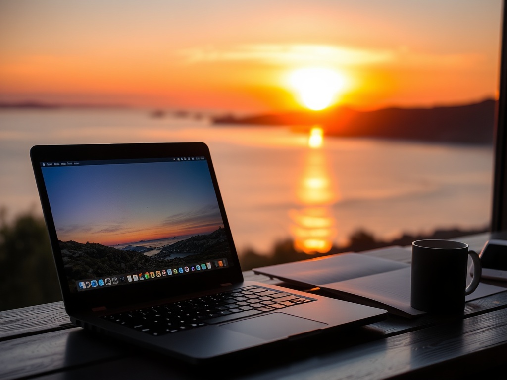 closing laptop at sunset, calm workspace transitioning to evening