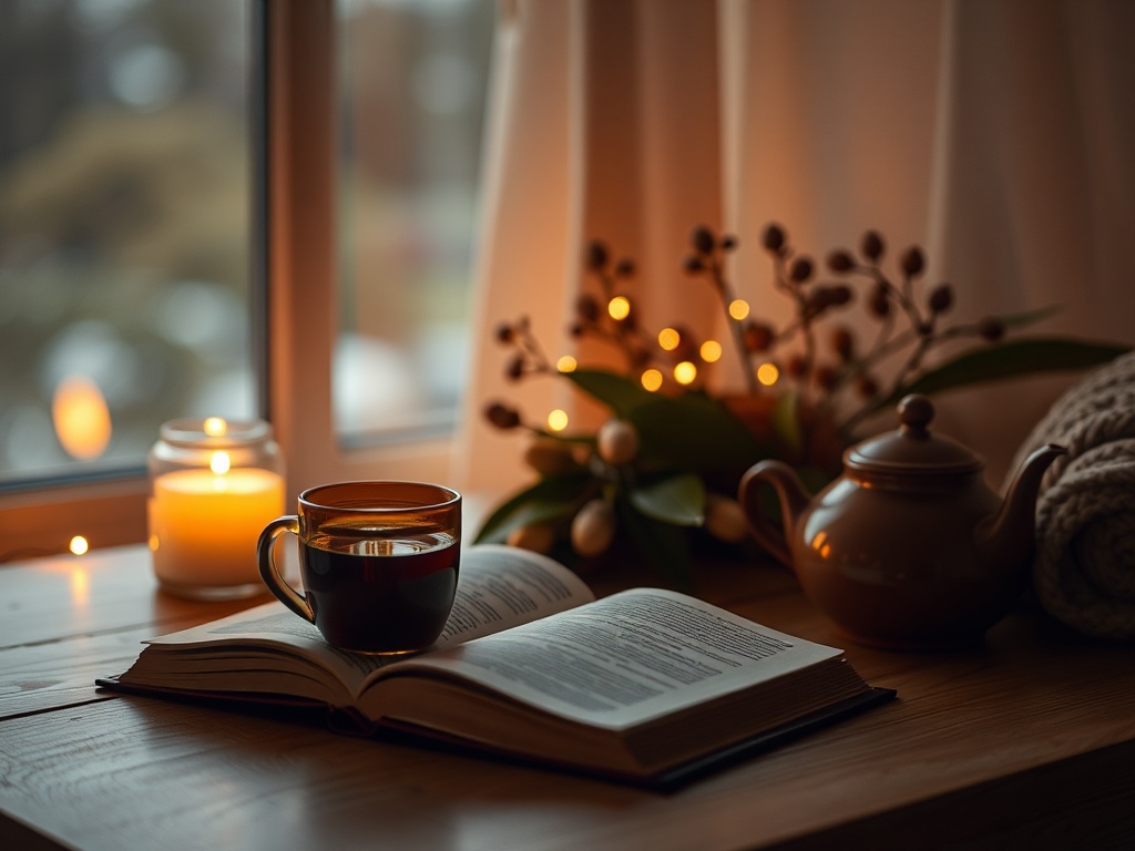 dim warm lighting, cozy evening setting with book and tea