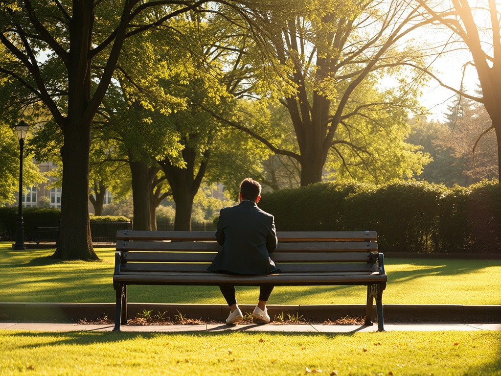 midday sunlight in park, person sitting on bench taking a quiet break