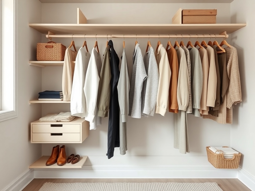 minimal wardrobe or simple organized closet, neutral tones
