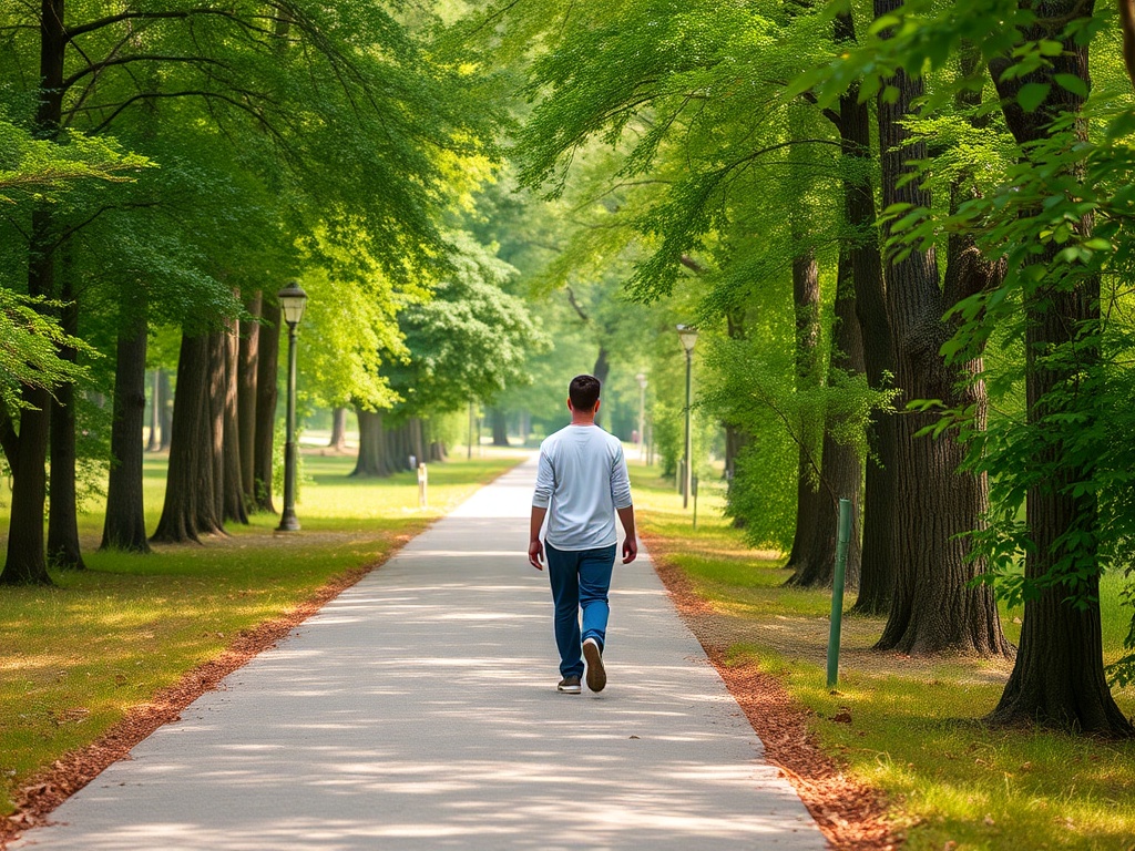 person walking outdoors on quiet path surrounded by trees, relaxed pace