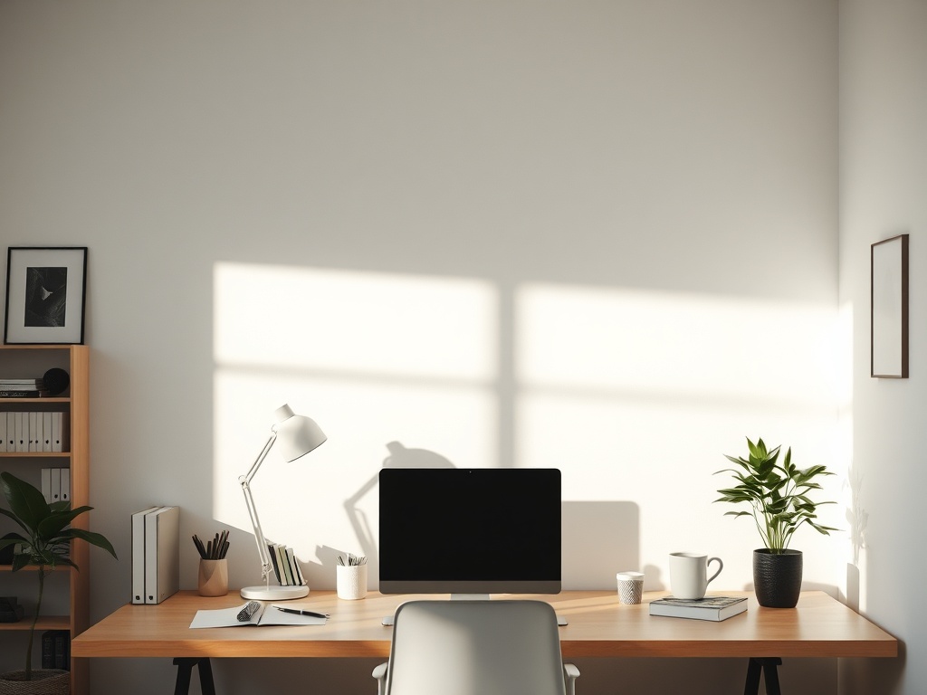 quiet minimalist workspace with no clutter, soft light, calm atmosphere