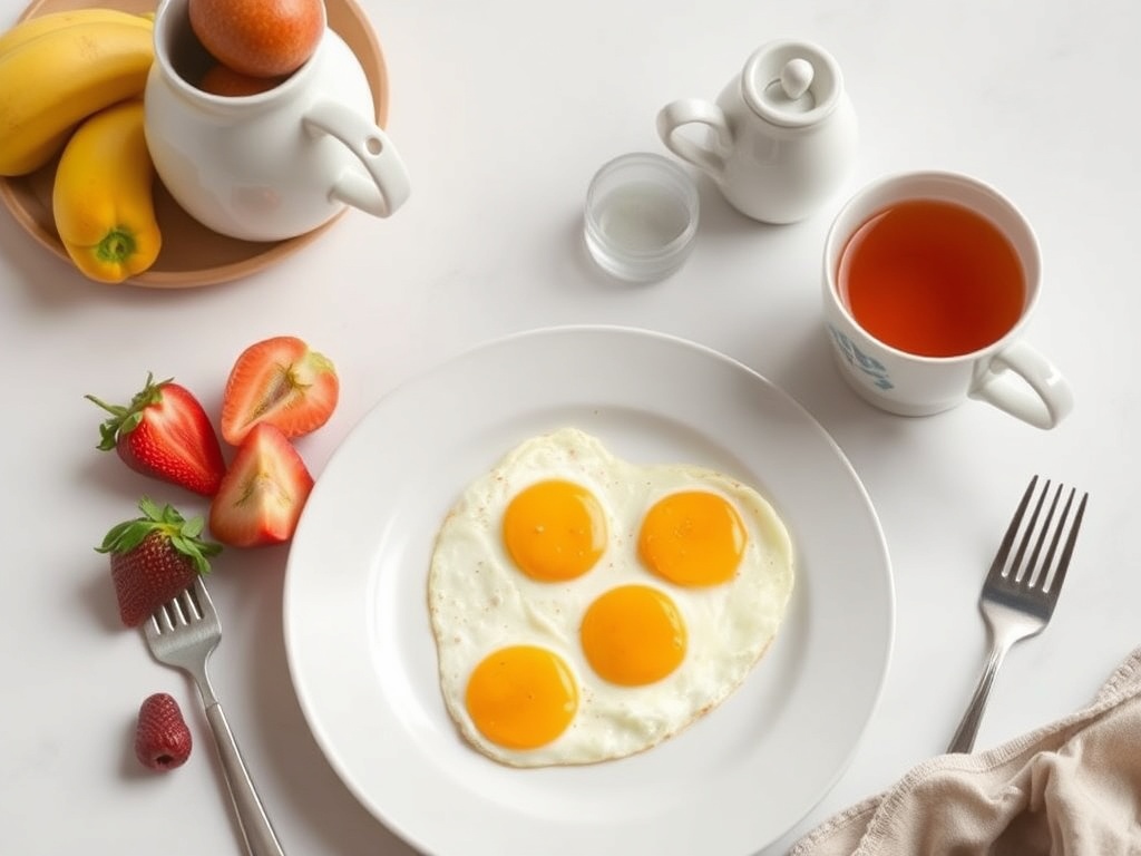 simple healthy breakfast with eggs, fruit, and tea on neutral table