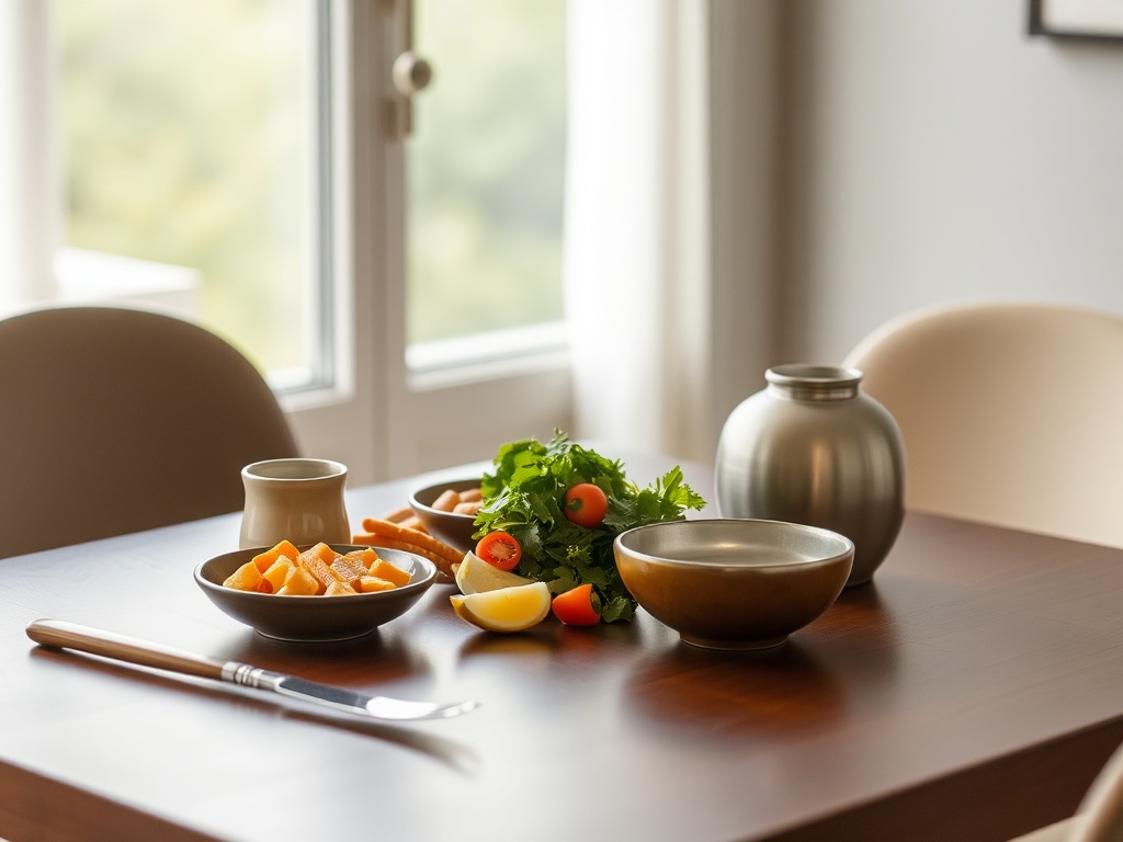simple meal setup at consistent daily routine, calm dining environment