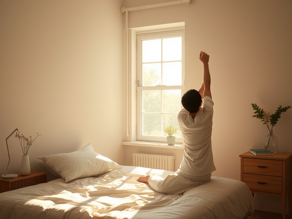 soft morning sunlight entering a minimal bedroom, calm natural tones, person stretching near window