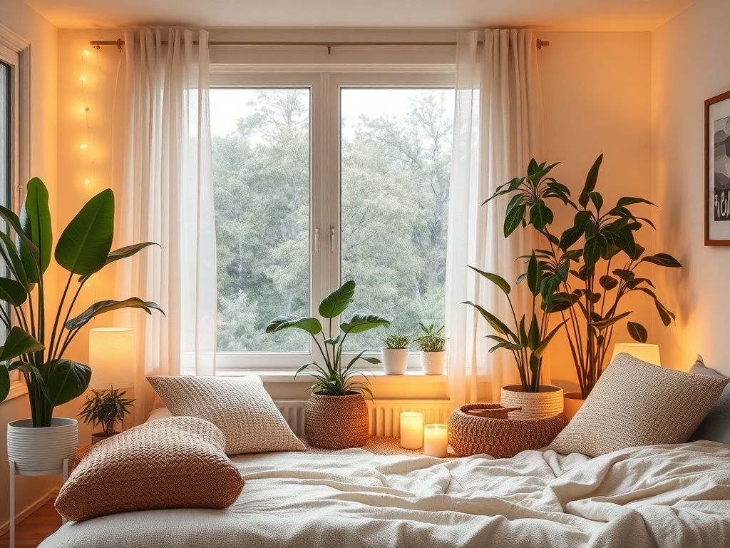 cozy room with warm lighting, plants, minimal decor, soft textures, calming ambiance