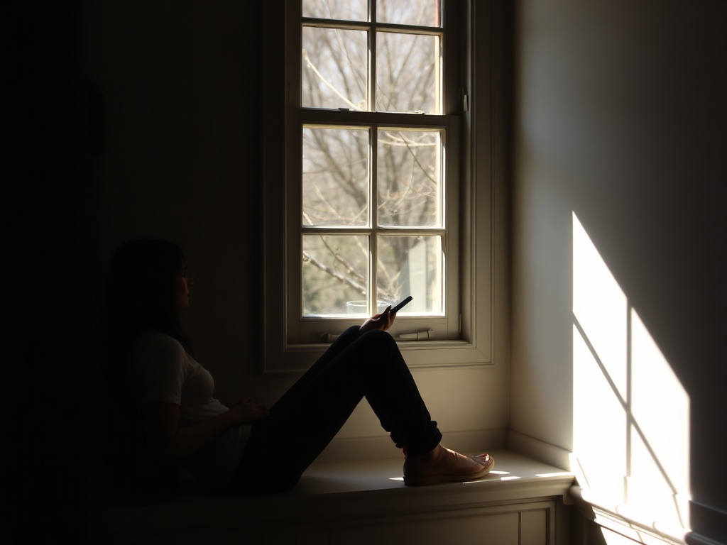person sitting quietly by a window with sunlight, no phone, relaxed posture, peaceful mood
