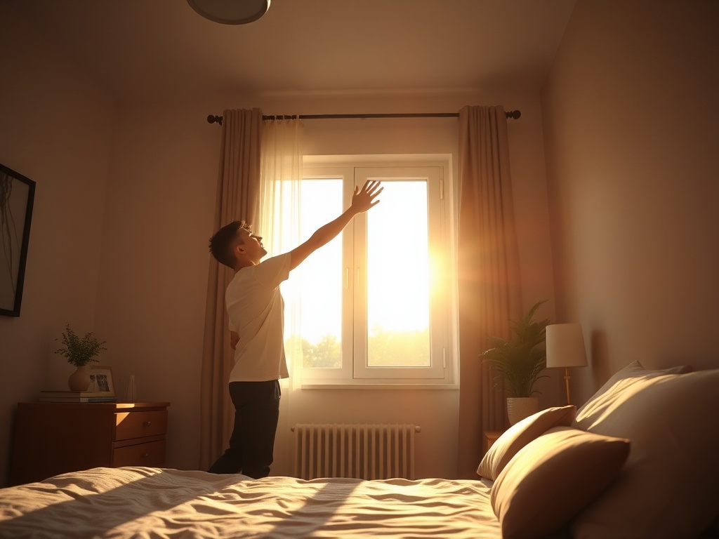 sunrise light entering a bedroom, calm morning routine, person stretching near window