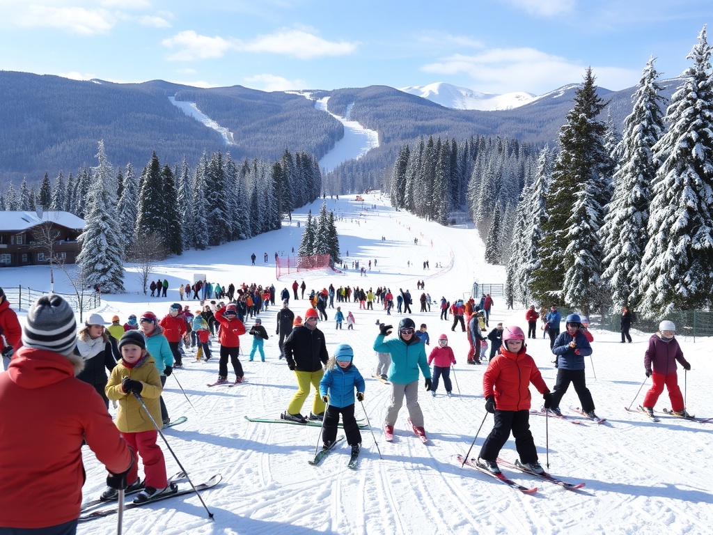 a busy ski resort with families enjoying ski lessons, gentle slopes and snow-covered trees