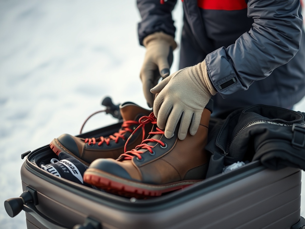 a person packing their suitcase with ski gear, including boots, gloves, and ski jacket