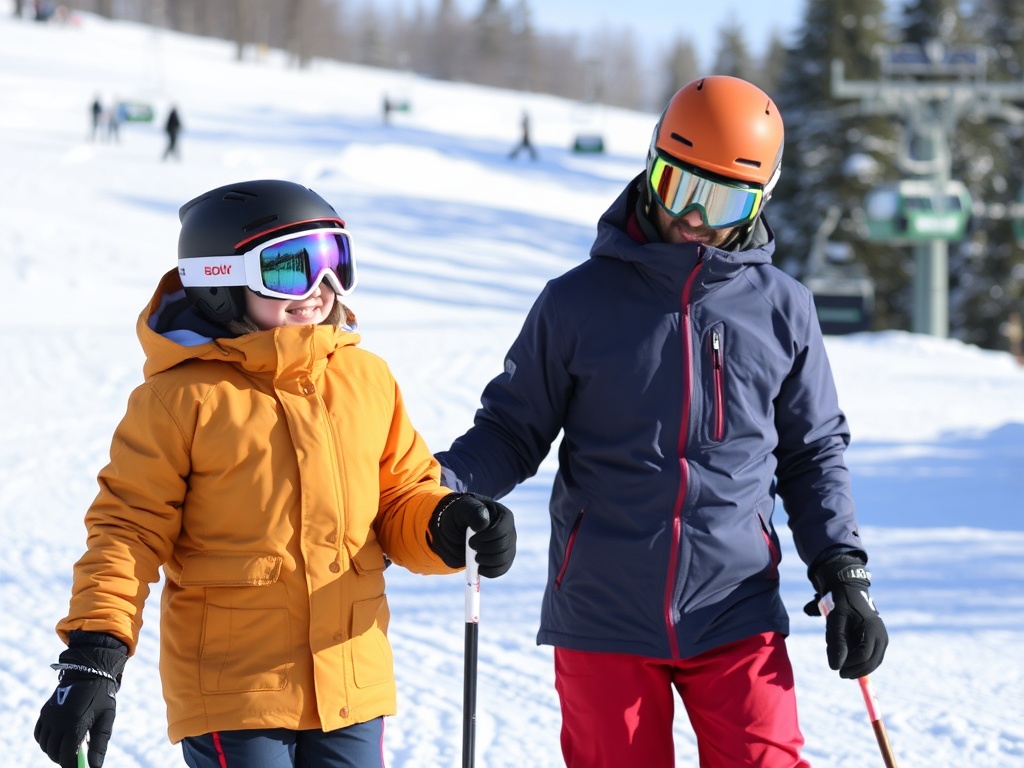 instructor teaching a beginner skier, snowy slopes and ski lift in the background