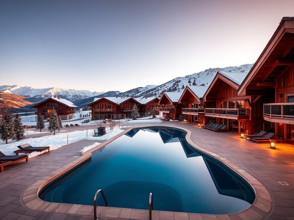 luxurious ski resort with a heated outdoor pool, wooden chalets, and stunning mountain views