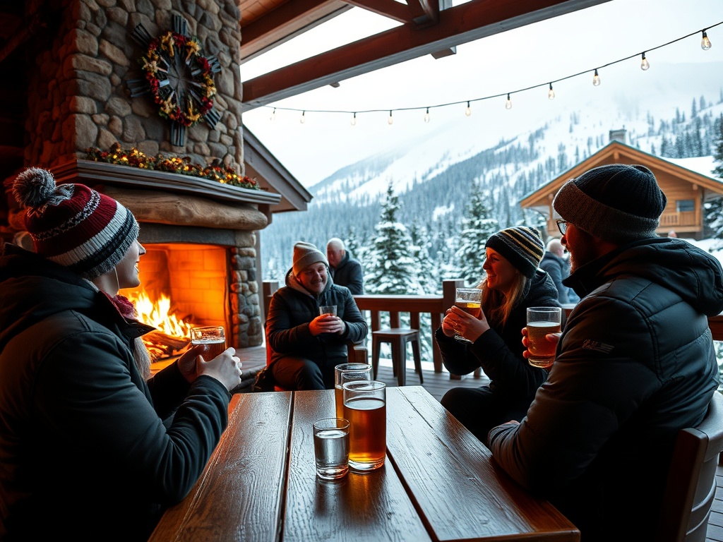 people enjoying après-ski drinks at a cozy mountain lodge with a fireplace