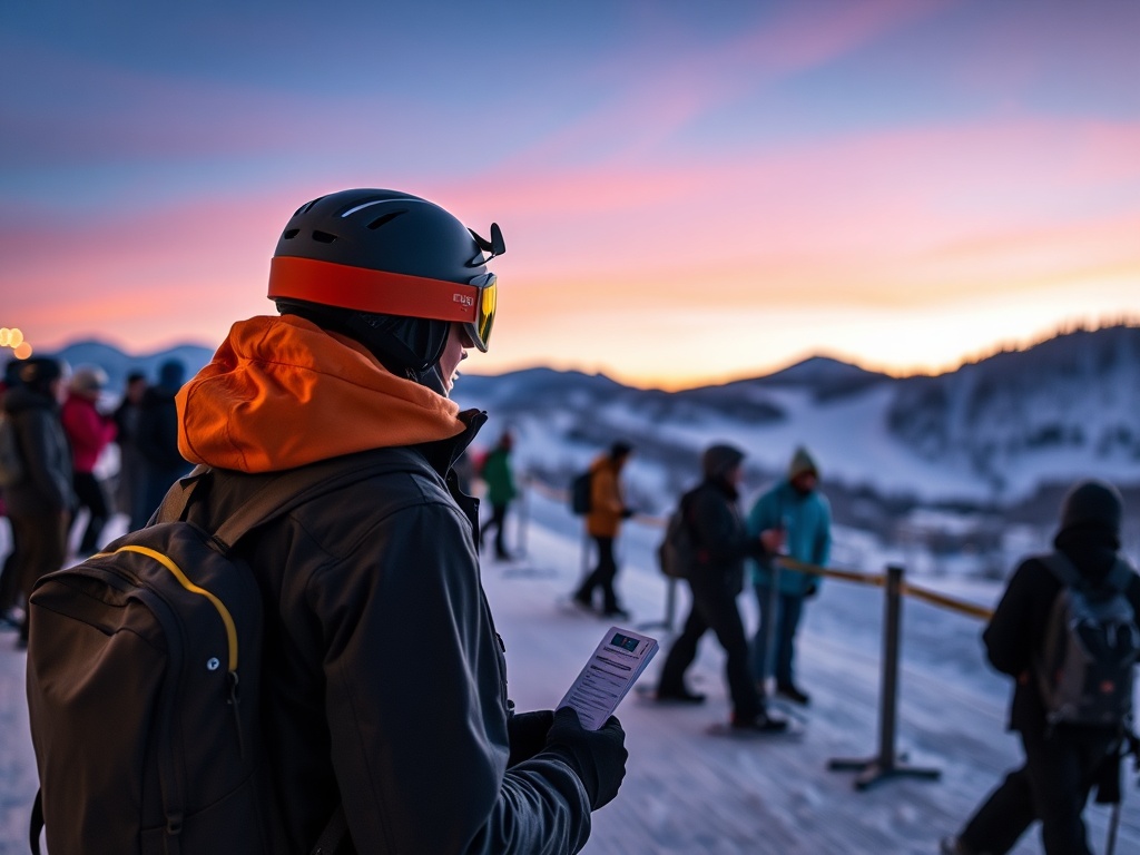 skier standing in line for lift pass tickets at a ski resort