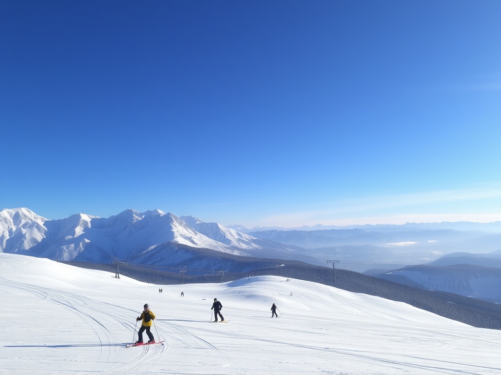 snowy mountain landscape with skiers on slopes, ski lifts in the background, blue skies