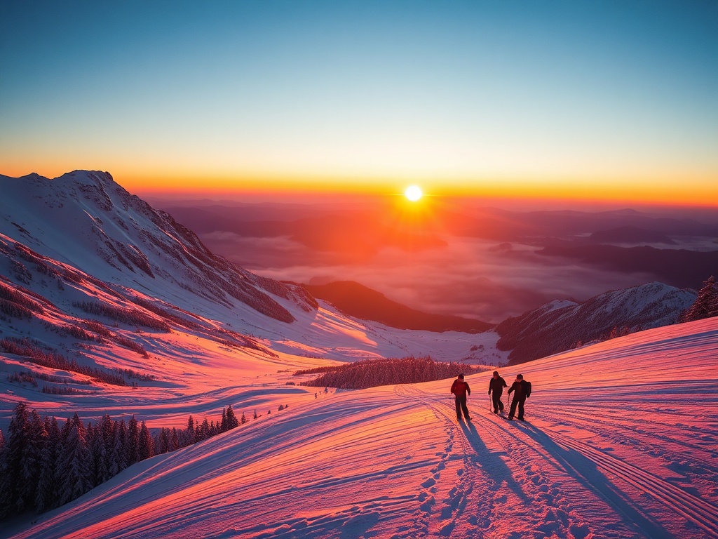snowy mountain with skiers heading down the slope at sunset