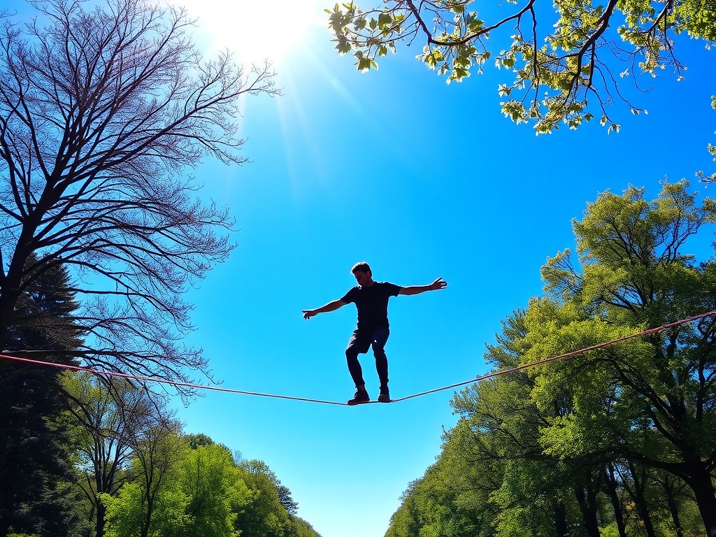 A person balancing on a slackline in a park, surrounded by trees, with a bright sunny sky in the background