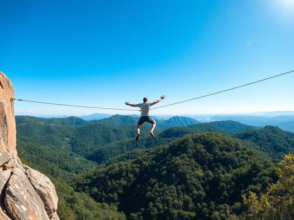 A person performing a trick on a slackline, jumping from one side to the other