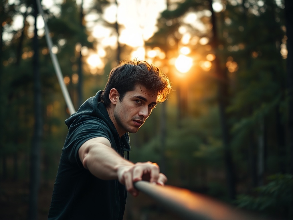 a slackliner focusing intensely on a fixed point ahead, shallow depth of field, forest background, golden hour lighting