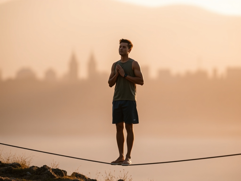 calm focused slackliner breathing steadily, soft morning light, minimalist outdoor scene