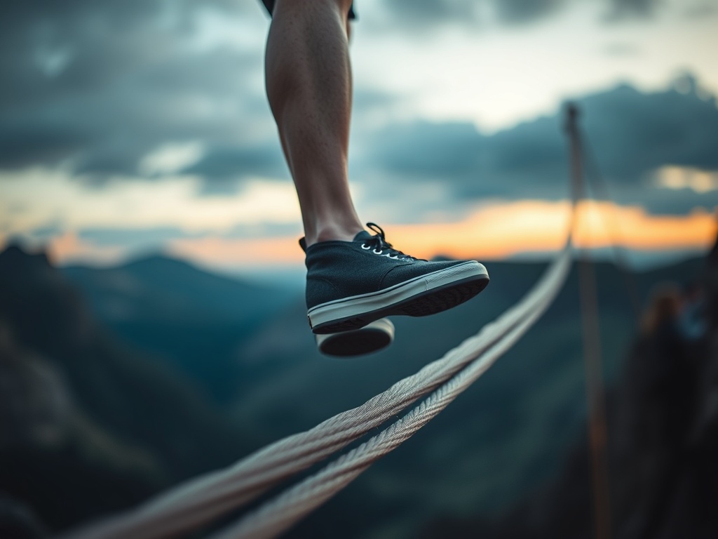 close-up of feet on a slackline with slight wobble, contrasted with stable posture above, cinematic lighting