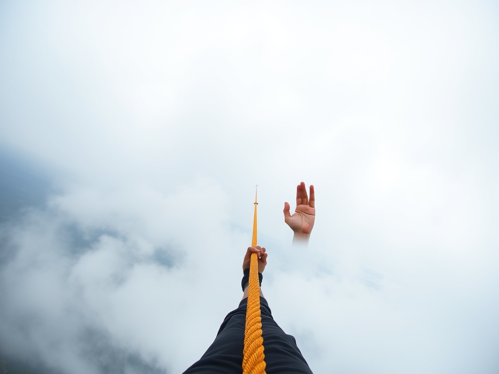 first person perspective of standing on a slackline, horizon steady, hands slightly raised for balance