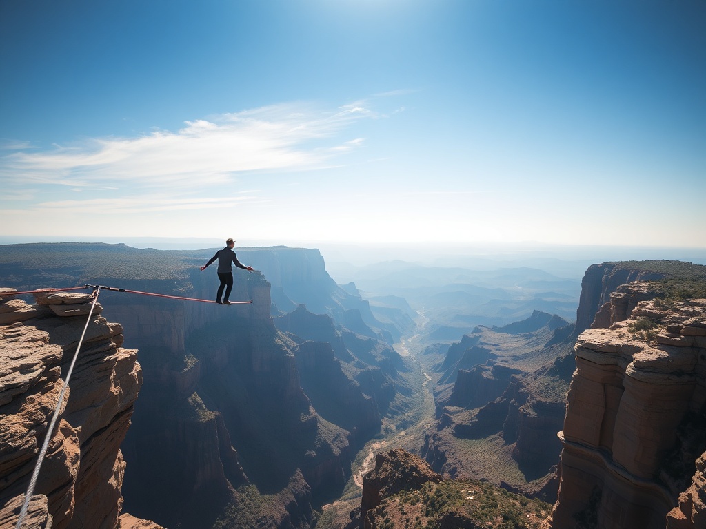 highline slackliner above a canyon focusing on distant horizon, dramatic aerial perspective