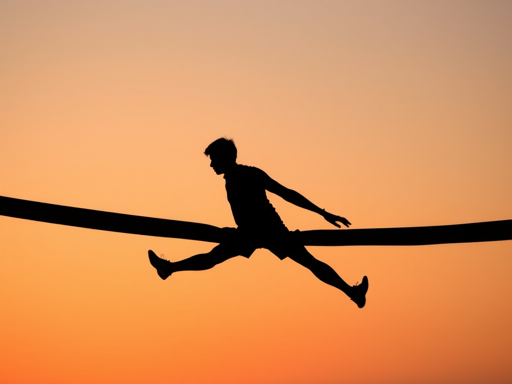 minimalist scene of a slackliner silhouetted against sunset, perfectly still, emphasizing calm and control