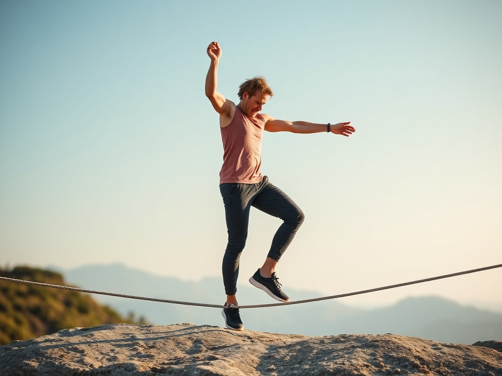 slackliner mid-step correcting balance with calm posture, soft focus background