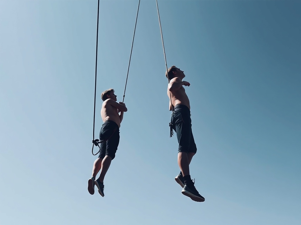 two slackliners side by side, one looking down and unstable, the other looking forward and balanced, dramatic contrast